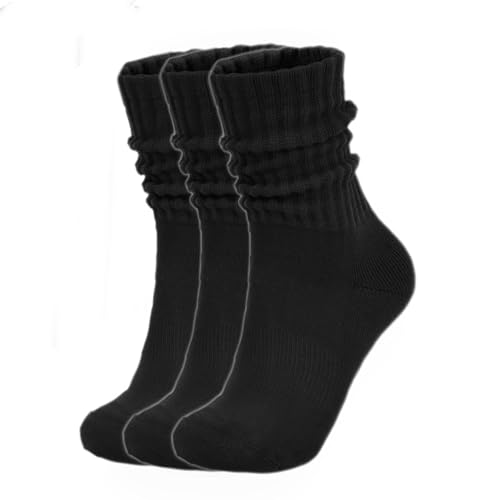 Womens Slouch Socks - Cozy Cotton Crew Boot Socks - 3 Pcs Black