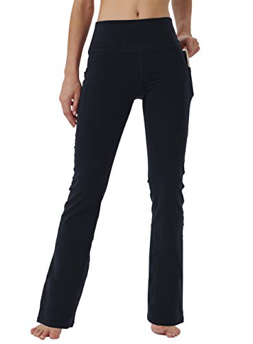 Keolorn Women's Bootleg Yoga Pants with Hidden Pockets, Tummy Control, Large Black