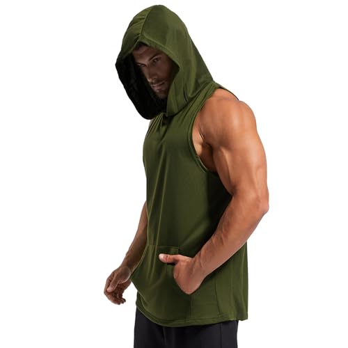 Men's Sleeveless Muscle Tank Top - Workout, Dry-Fit, Pocket - Small Green