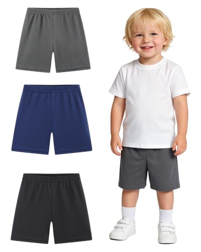 KIKINOTE Toddler Boys Athletic Shorts 3-Pack - Basketball & Soccer Style Size 2-5T, Black Gray Blue