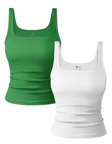 Square Neck Tank Tops - 2 Pack Seamless Ribbed Cami - Green & White - Small