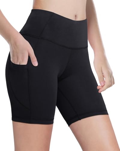 MIVEI Youth Girls Volleyball Spandex Shorts with Pockets, 4 Inch, Medium, Black