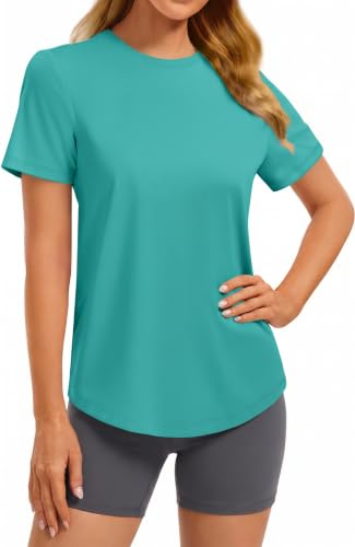 PINSPARK Women's Short Sleeve Workout T-Shirt - Basic Crewneck Top, Large Teal