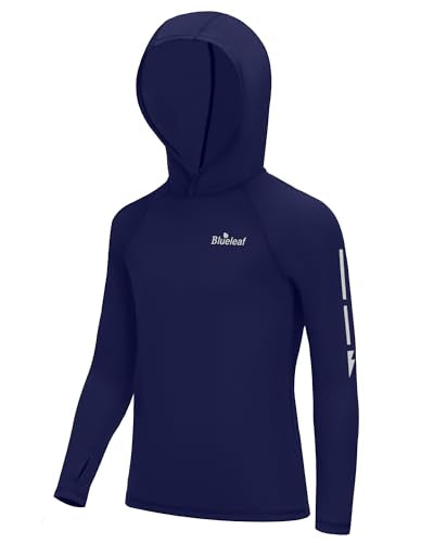Boys Rash Guard Long Sleeve Hoodie - UPF 50+ Sun Protection, Navy, Large
