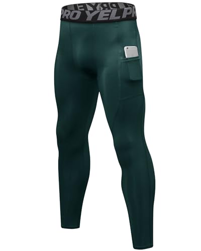 Men's Compression Pants - Cool Dry Sports Leggings with Phone Pocket - Dark Green, Small