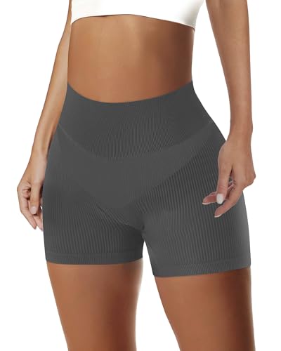 High Waist Biker Shorts for Women - Seamless Ribbed - Grey, Small