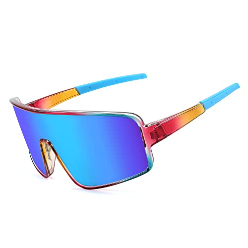 FEISEDY Polarized Oversized Sports Sunglasses for Men Women Youth - Blue Mirror Lens, 71mm, Transparent Blue Red Frame