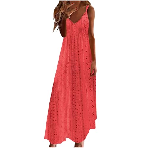 Maxi Dress for Women - Eyelet Spaghetti Sleeveless V Neck, Watermelon Red, Medium