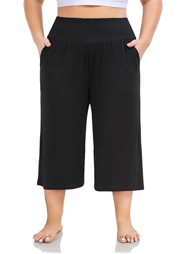 ZERDOCEAN Women's Plus Size High Waist Wide Leg Yoga Capris with Pockets - Black 3X
