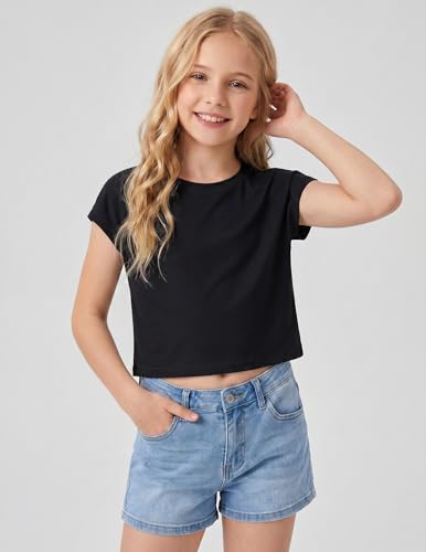 Girls Crop Top Batwing Short Sleeve Athletic T-Shirt - Black, 8-9 Years
