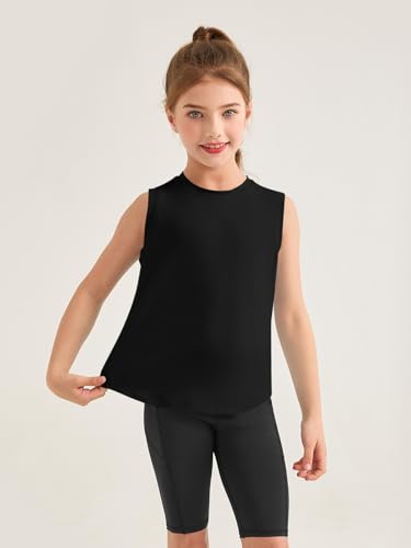Girls Athletic Tank Top - Sleeveless Yoga & Tennis Shirt - Black, 9-10 Years