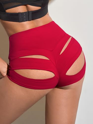 High Waist Women's Cut Out Yoga Shorts - Scrunch Booty, X-Large Red