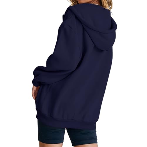 Women's Oversized Zip-Up Hoodie - Large Navy, Cozy Fleece Jacket