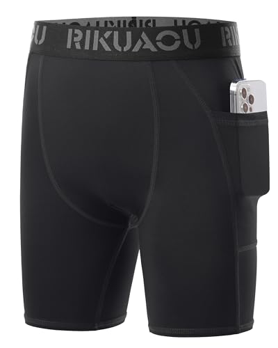 Boys Compression Shorts with Pockets - Athletic Underwear, Large Black