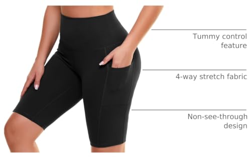 High Waisted Biker Shorts for Women with Pockets - Black Spandex