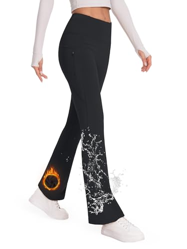 SEVEGO Tall Women's Flare Leggings with Water Resistance & Thermal Lining - 36" Inseam, Black, Medium
