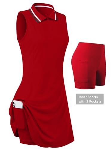 Women's Sleeveless Golf Tennis Dress with Inner Shorts & Pockets - Medium Red by FREEYE
