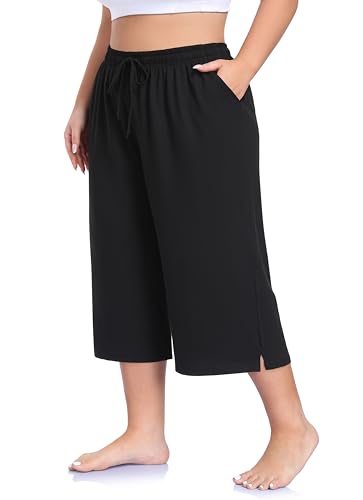 ZERDOCEAN Women's Plus Size Black Wide Leg Capri Pants - Loose Yoga Lounge with Pockets, 4X