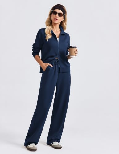 PINSPARK Women's 2-Piece Wide Leg Pants & Two-Way Zip Tracksuit Set - Dusk Navy Petite/Medium