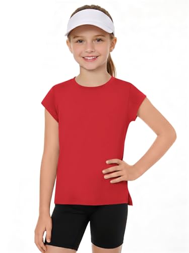 Girls Athletic Shirts - Short Sleeve Tops for 11-12 Years - Red
