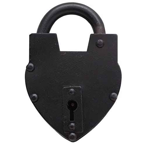Vintage Style Lock/Antique Reproduction Heart Padlock with Two Skelton Keys/Black Powder Coted Hand Forged Padlock for Old Trunk, Wine Rack, Shade, Barn, Gate