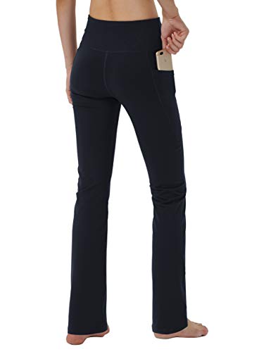 Keolorn Women's Bootleg Yoga Pants with Hidden Pockets, Tummy Control, Large Black