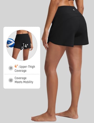 Baleaf Women's 4-Inch High-Waisted Swim Shorts with Zipper Pockets - Medium, Black