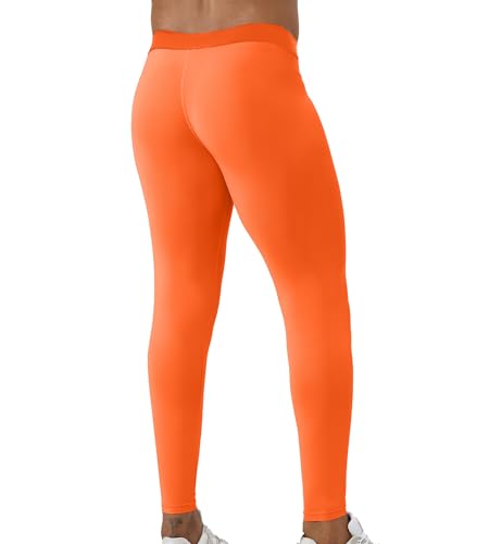 Men's Compression Running Leggings - Cool Dry Base Layer Pants - Orange#08, Large