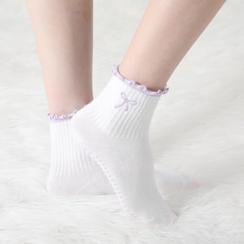 Nonslip Yoga Grip Socks for Women - Purple Bow