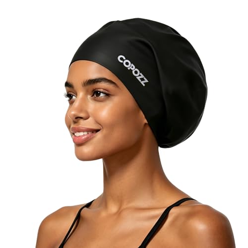 COPOZZ Black Extra Large Swim Cap for Braids & Long Hair - Comfortable Silicone Design