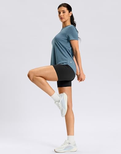 Women's Workout Shirt Bum-Covering Length Short Sleeve Lightweight Dry Fit Large Grey Blue