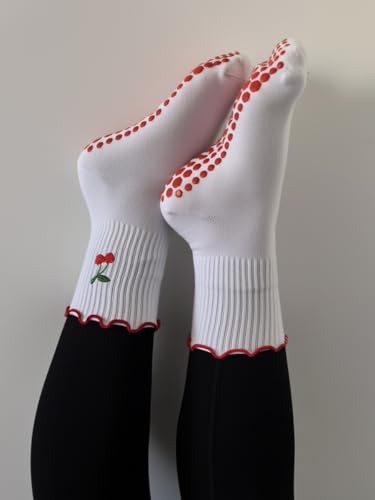 Non-Slip Ruffle Pilates Socks for Women - Red Cherry