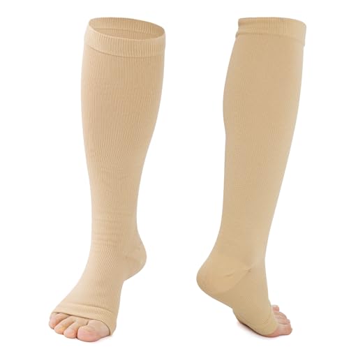 Compression Knee High Open Toe Support Socks - 3 Pairs, Large, Nude/Black