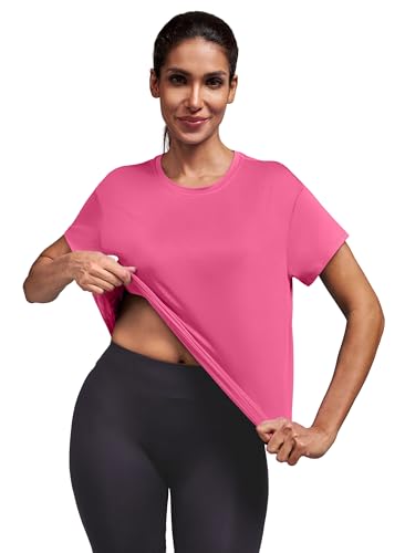 Loose Fit Workout Tops for Women - Short Sleeve Athletic T-Shirt - Large Hot Pink