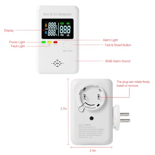Combination Natural Gas & Carbon Monoxide Detectors,4-in-1 Real-time Display & Monitor,Low-Concentration Detect,Plug in Propane Detector & CO Alarm, for Home,Camping,RV,Apartment
