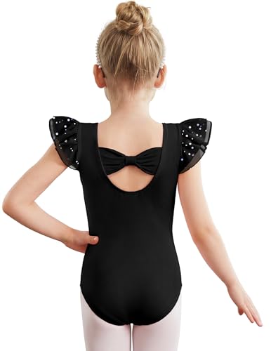 Ballet Leotard for Girls - Bow Back Chiffon Ruffle Sleeve - 4-5T Black