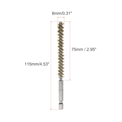 HARFINGTON 5Pcs Bore Brush Brass 8mm Dia Cleaning Twisted Bronze Wire Brush Tube Pipe Cleaner with Handle 1/4 Inch Hex Shank for Tubes, Ports, Bearings