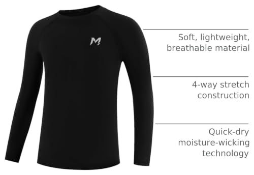 Boys Long Sleeve Compression Shirt - Quick Dry Athletic Top - Medium/Black