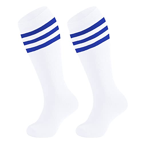 Kids Soccer Socks - Knee High Tube Socks for 3-6 Years - White Blue Stripes