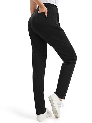 Tapata Petite Women's 26-Inch Inseam Cotton Lounge Joggers with Zipper Pockets, Open Bottom Casual Yoga Pants, Black, Small