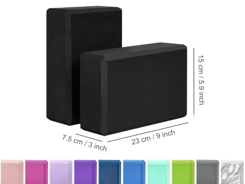 Yoga Blocks 2-Pack - Non-Slip Foam Bricks for Pilates & Exercise - Black, 9 x 6 x 3 Inch