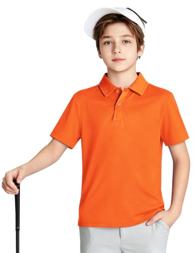 Youth Boys' Performance Polo Shirt Neon Orange 12 Years UPF 50+ Dry-Fit Active Golf & School Uniform