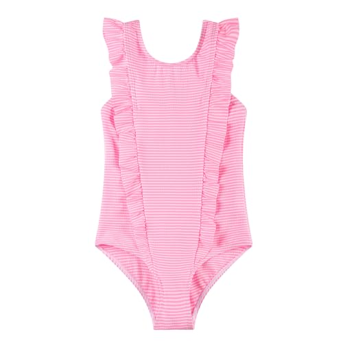 Girls' Bright Pink 6-7 Years Scalloped One-Piece Swimsuit with Ruffles - Kids Swimwear