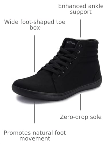 WHITIN Men's Wide Hi-Top Barefoot Shoes All Black 8.5 Wide with Ankle Support