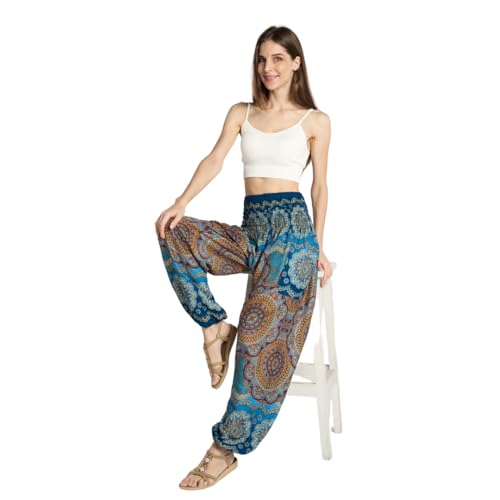 Tranquil Threads High-Waisted Boho Yoga Pants for Women - Bluish, Medium