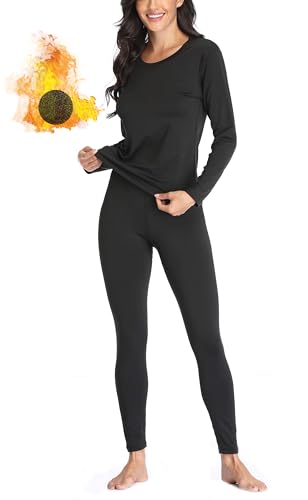 Women’s Thermal Long Johns Set Fleece Lined Winter Underwear Large Black