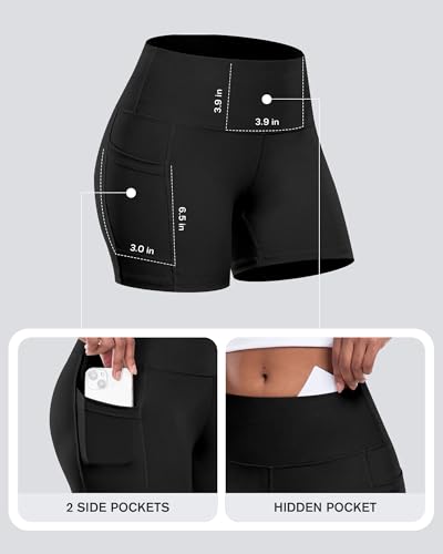 High Waisted Biker Yoga Shorts with Pocket - 5 Inch, Medium, Black