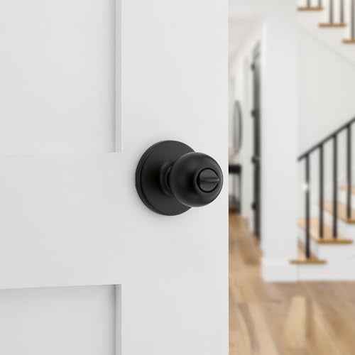 Kwikset Polo Interior Privacy Door Knob with Lock, Door Handle for Bathroom and Bedroom, Matte Black Keyless Turn Lock Doorknob, with Microban Protection