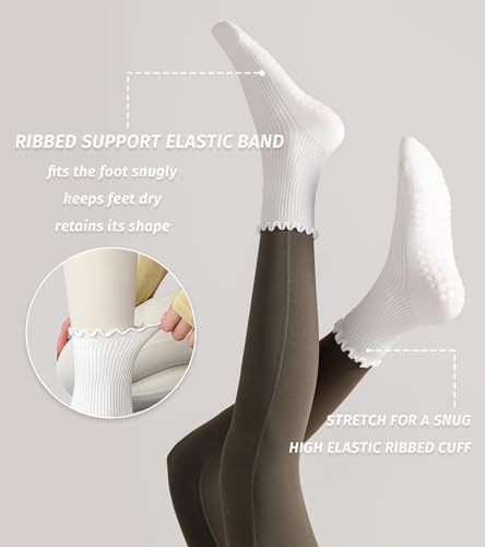 Non-Slip Pilates Socks for Women - 4 Pairs with Ruffles - Black, Brown, Caramel, White