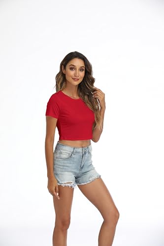Womens Crew Neck Stretchy Crop Top Short Sleeve Shirt - Red / X-Small